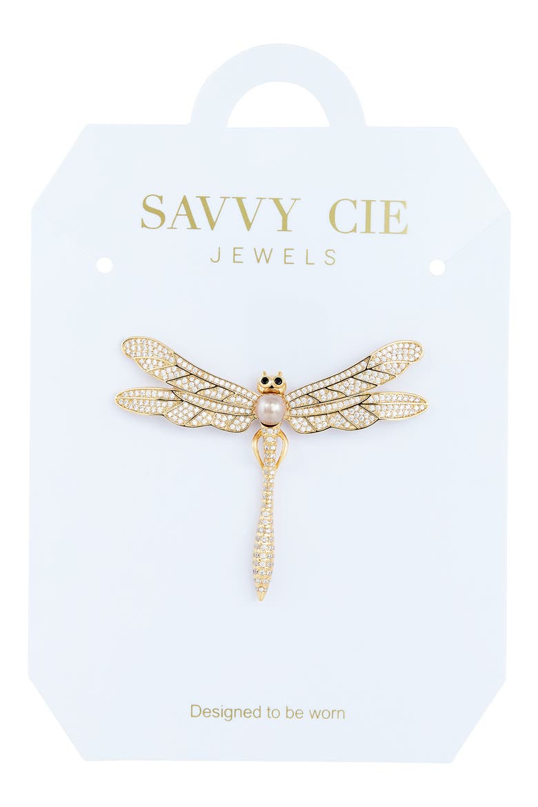 Cubic Zirconia & Imitation Pearl Dragonfly Brooch, Main, color, YELLOW
