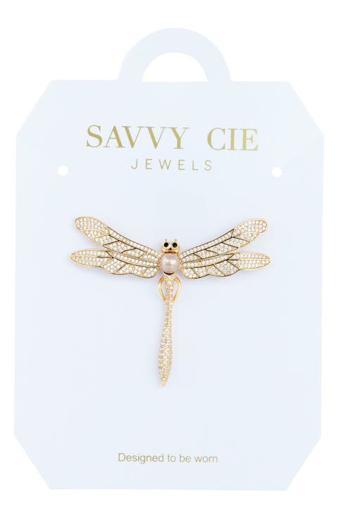 Cubic Zirconia & Imitation Pearl Dragonfly Brooch