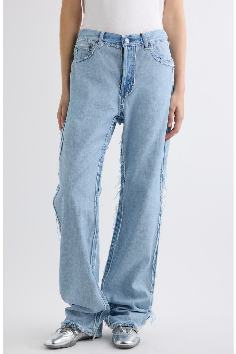 Pazer Frayed Double Layer Straight Leg Jeans, Main, color, LIGHT BLUE