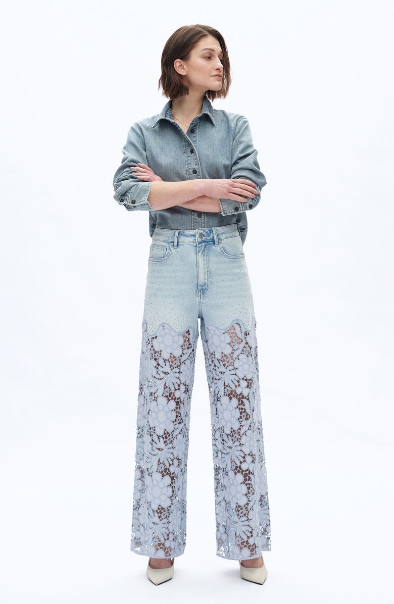 Bayeas Crystal Embellished Lace Wide Leg Jeans, Alternate, color, Light Blue