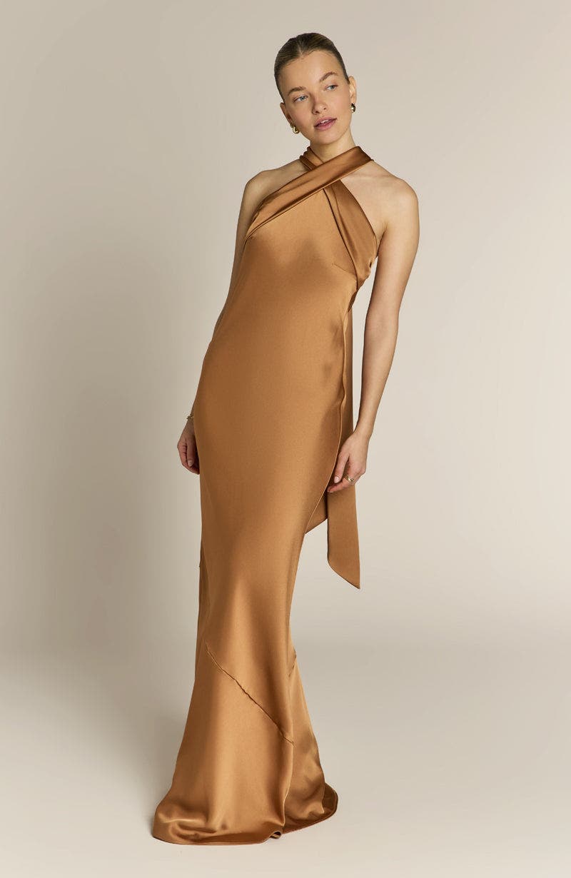 Rewritten Roma Halter Neck Dress In Brown