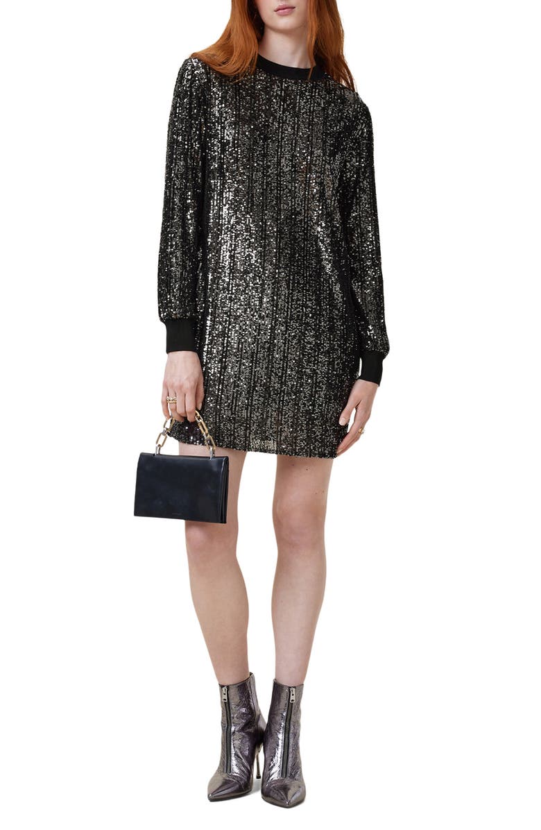 AllSaints Solstice Sequin Long Sleeve Dress, Alternate, color, Black