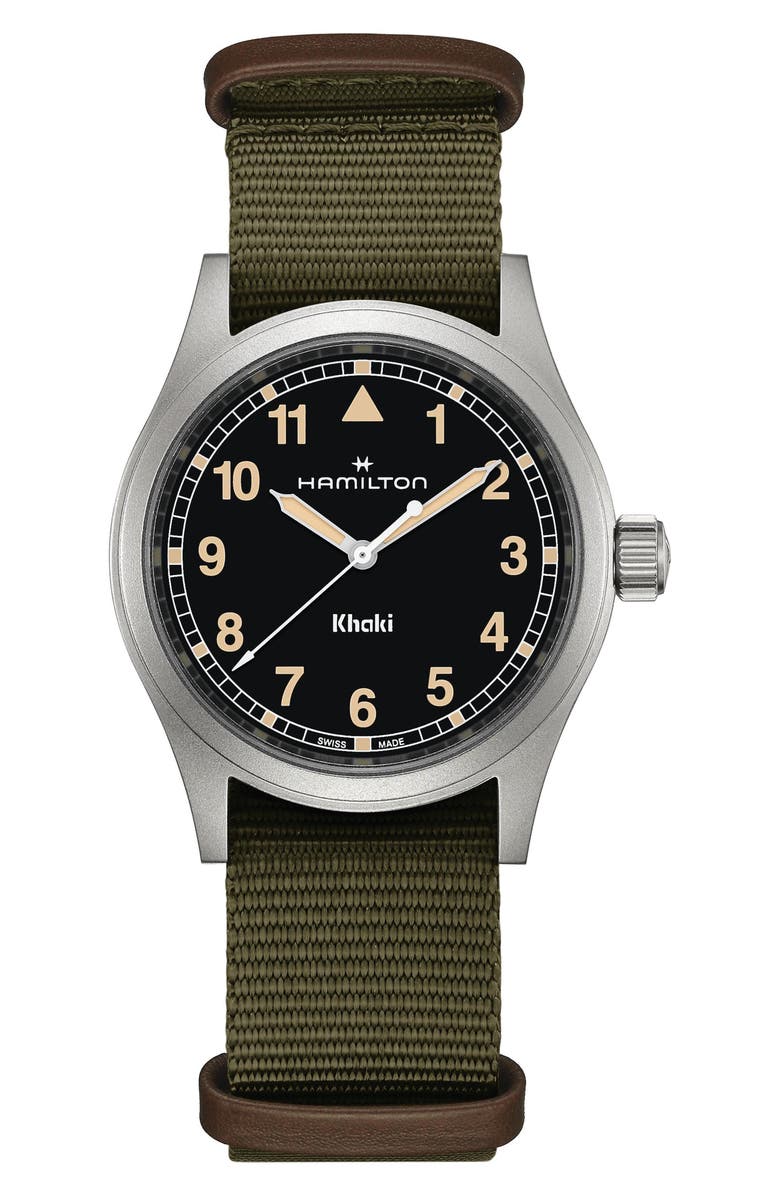 Hamilton Khaki Field NATO Strap Watch, 38mm, Main, color, Black