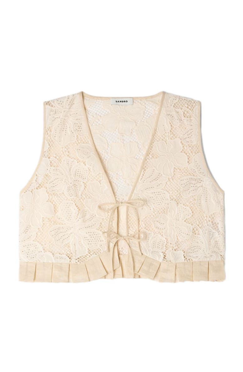 SANDRO Guipure ruffle crop top, Alternate, color, Ecru