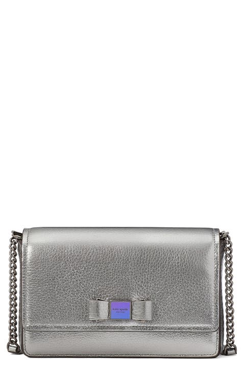 morgan bow embellished metallic leather wallet on a chain