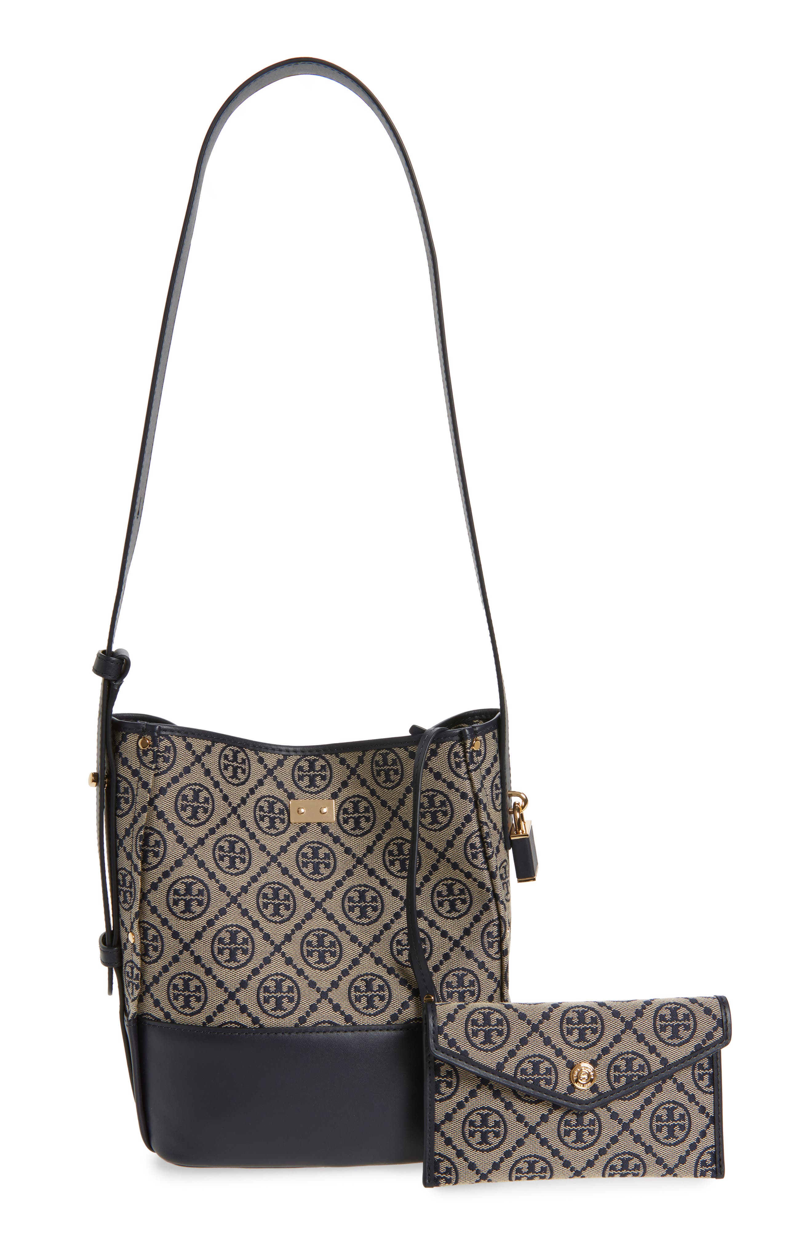 Tory Burch Medium Lock T Monogram Bucket Bag, Alternate, color, Tory Navy