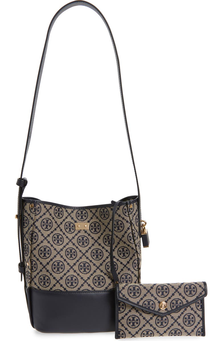 Tory Burch Medium Lock T Monogram Bucket Bag, Alternate, color, Tory Navy