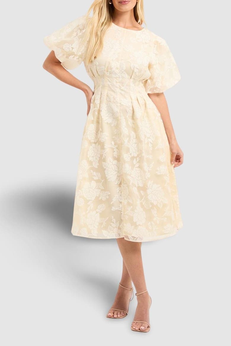 Petite Floral Puff Sleeve Midi Dress, Alternate, color, Yellow