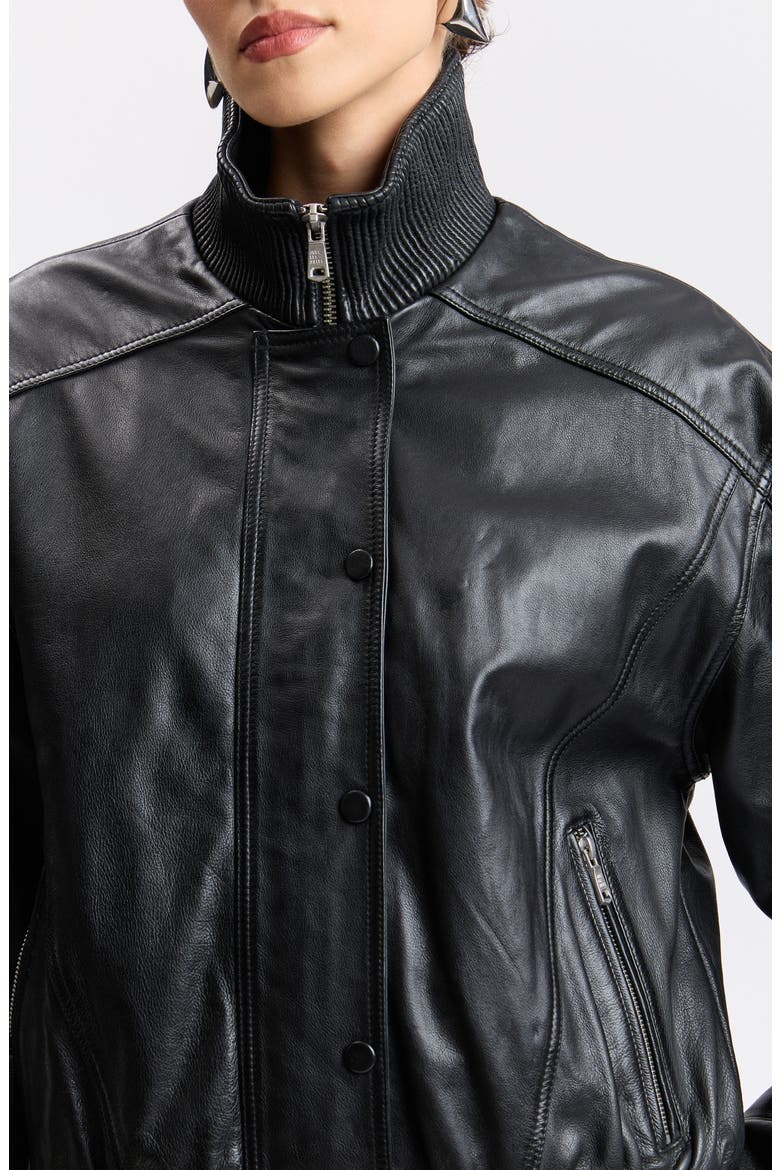Funnel Neck Oversized Leather Bomber Jacket, Alternate, color, BLACK