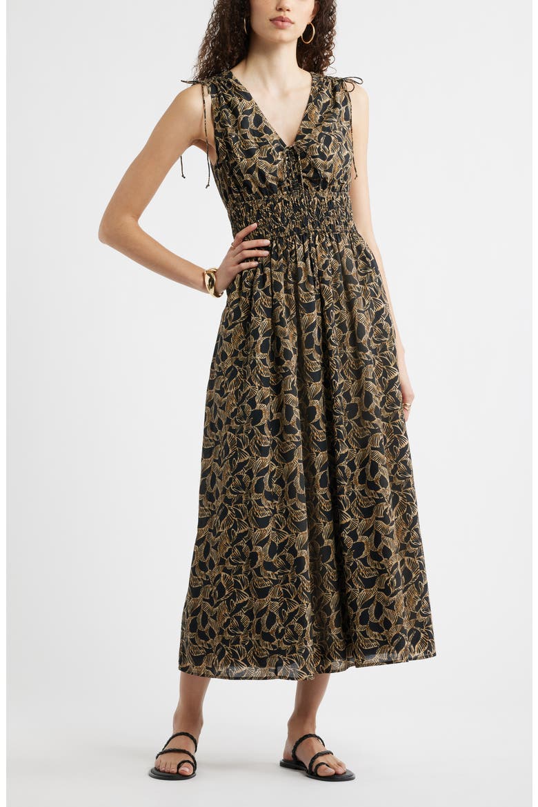 Print Smocked Waist Sleeveless Maxi Dress, Main, color, BLACK- TAN LEAF GLOBAL