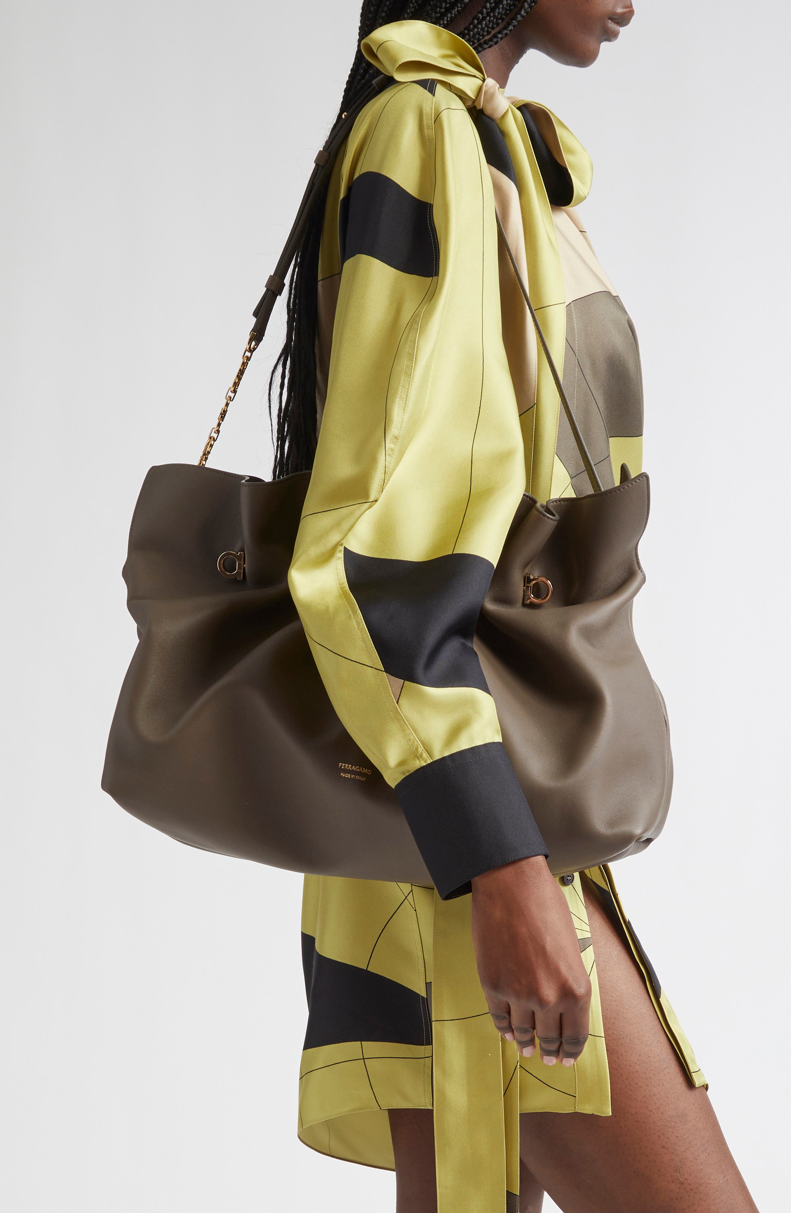 FERRAGAMO Large Gancio Piercing Soft Leather Shoulder Bag, Alternate, color, Concrete