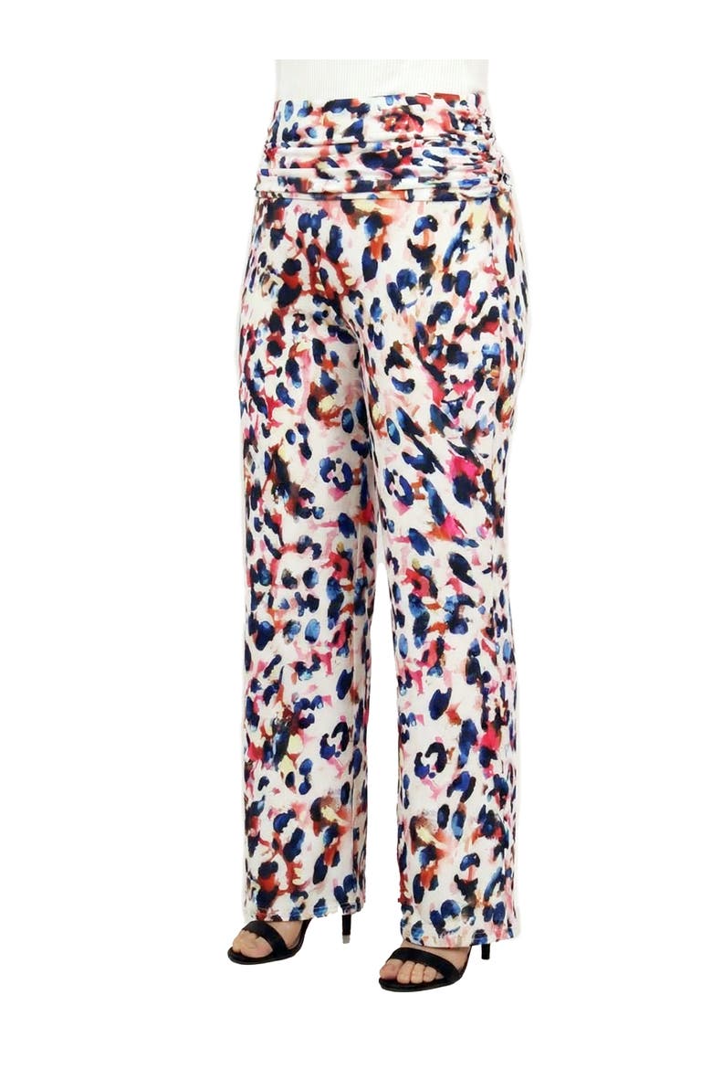 Curvy Essential Cheetah Print Foldover Waist Wide Leg Pants, Alternate, color, White Multi