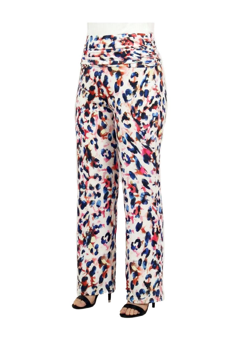 24seven Comfort Apparel Curvy Essential Cheetah Print Foldover Waist Wide Leg Pants, Alternate, color, White Multi