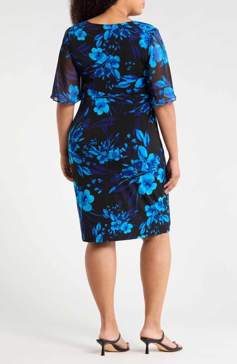 Connected Apparel Floral Side Ruched Faux Wrap Dress, Alternate, color, Saphire