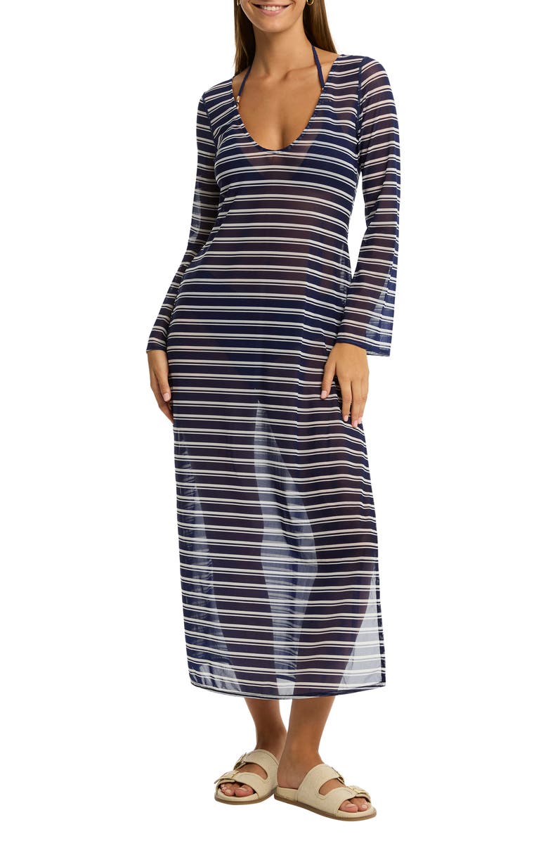 Sea Level Biarritz Long Sleeve Multifit Mesh Cover-Up Dress, Main, color, 