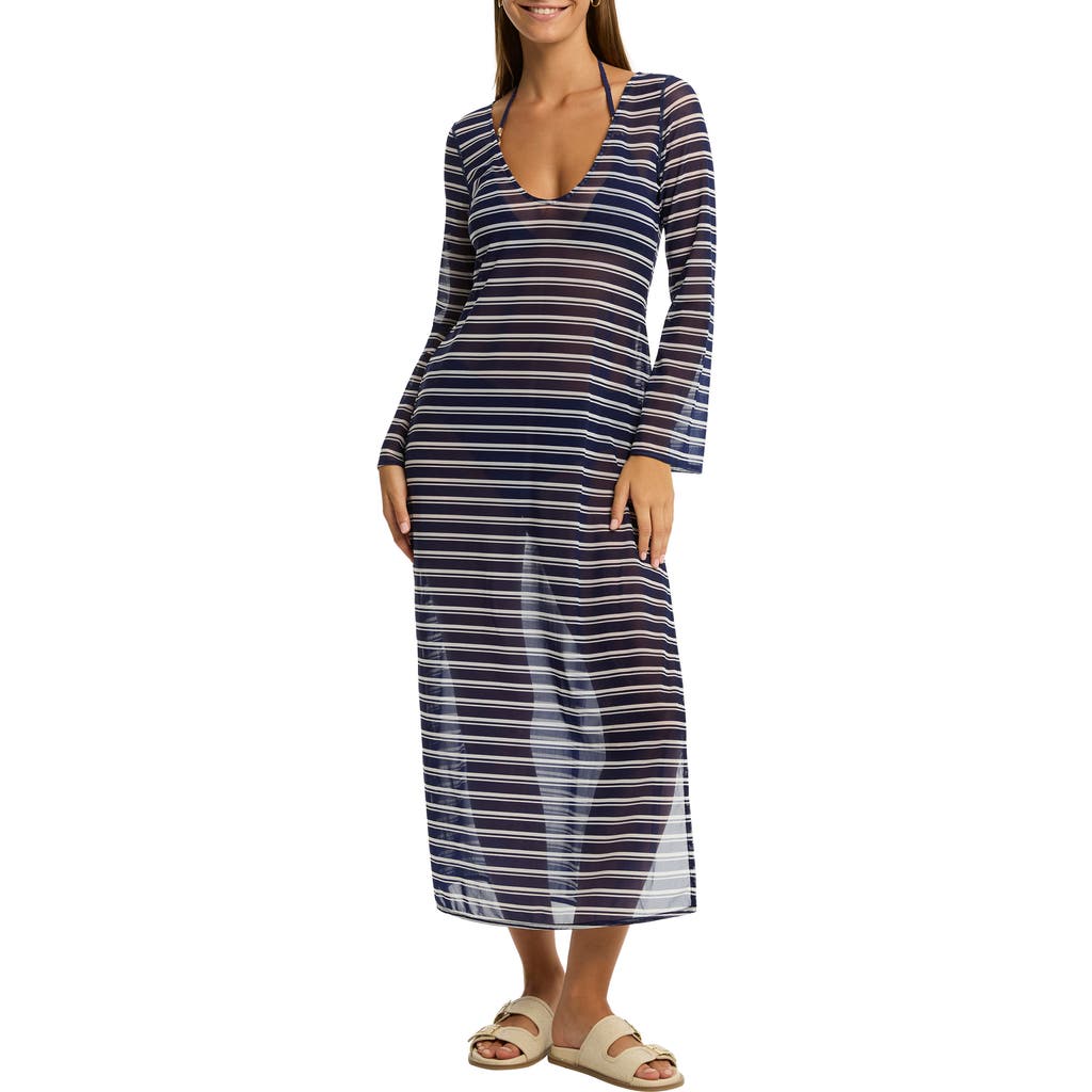 Sea Level Biarritz Long Sleeve Multifit Mesh Cover-up Dress In French Navy