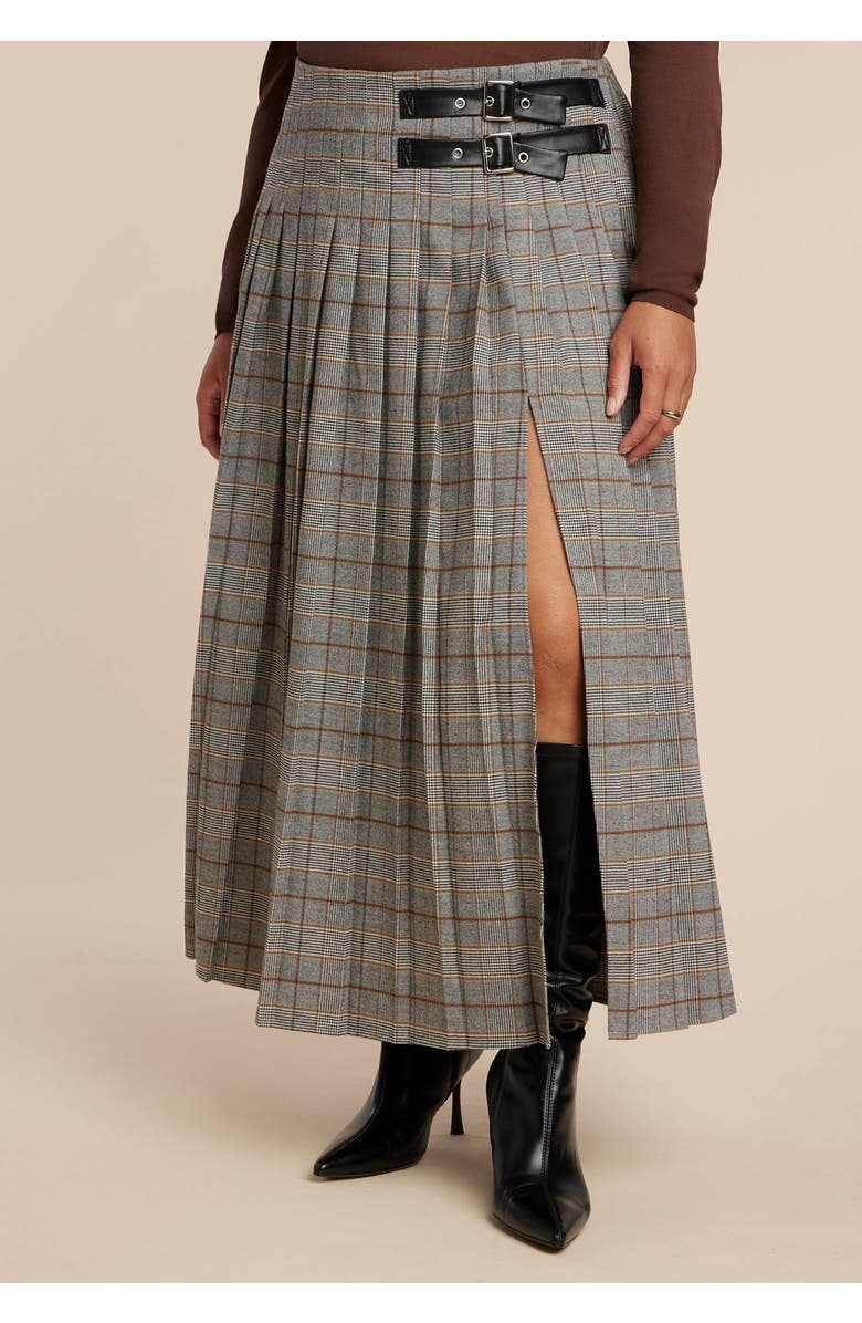 ELOQUII Maxi Pleated Skirt With Buckle Detail And Slit, Alternate, color, Grey Plaid