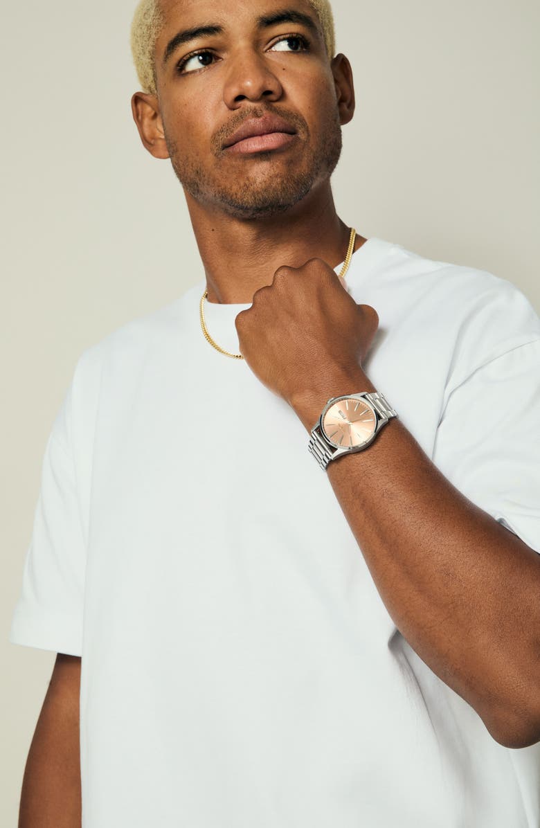 Nixon Sentry Bracelet Watch, 42mm, Alternate, color, Silver / Coral