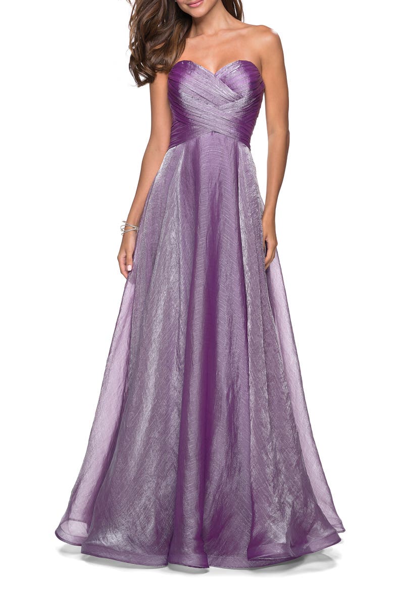 Strapless Chiffon Dress with Criss Cross Bodice Detail, Main, color, ORCHID
