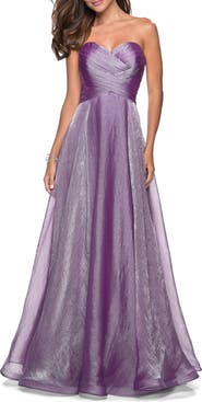 La Femme Strapless Chiffon Dress with Criss Cross Bodice Detail