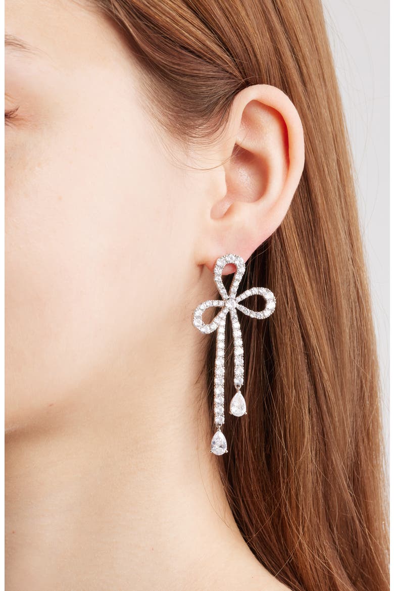 Bow Drop Earrings, Alternate, color, RHODIUM/ CUBIC ZIRCONIA