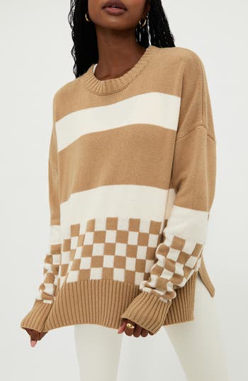 Beach Riot Callie Colorblock Crewneck Sweater In Taupe Check