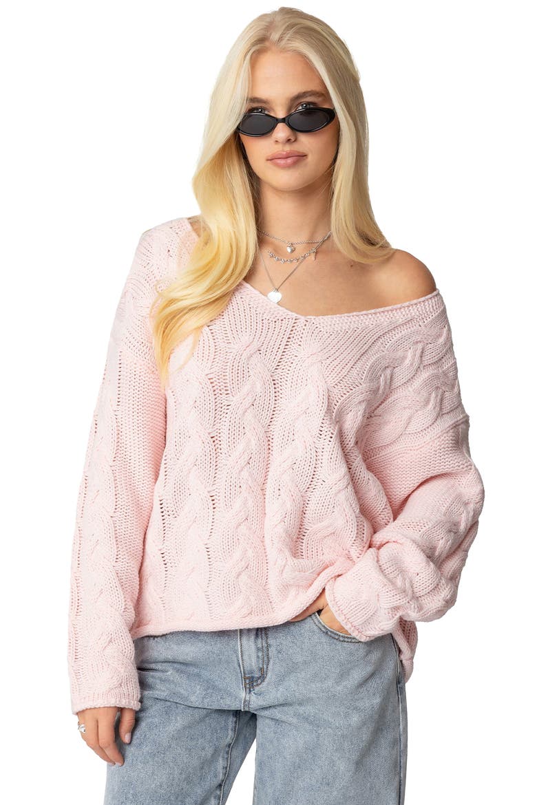 Inga Oversize V-Neck Cable Sweater, Alternate, color, LIGHT-PINK