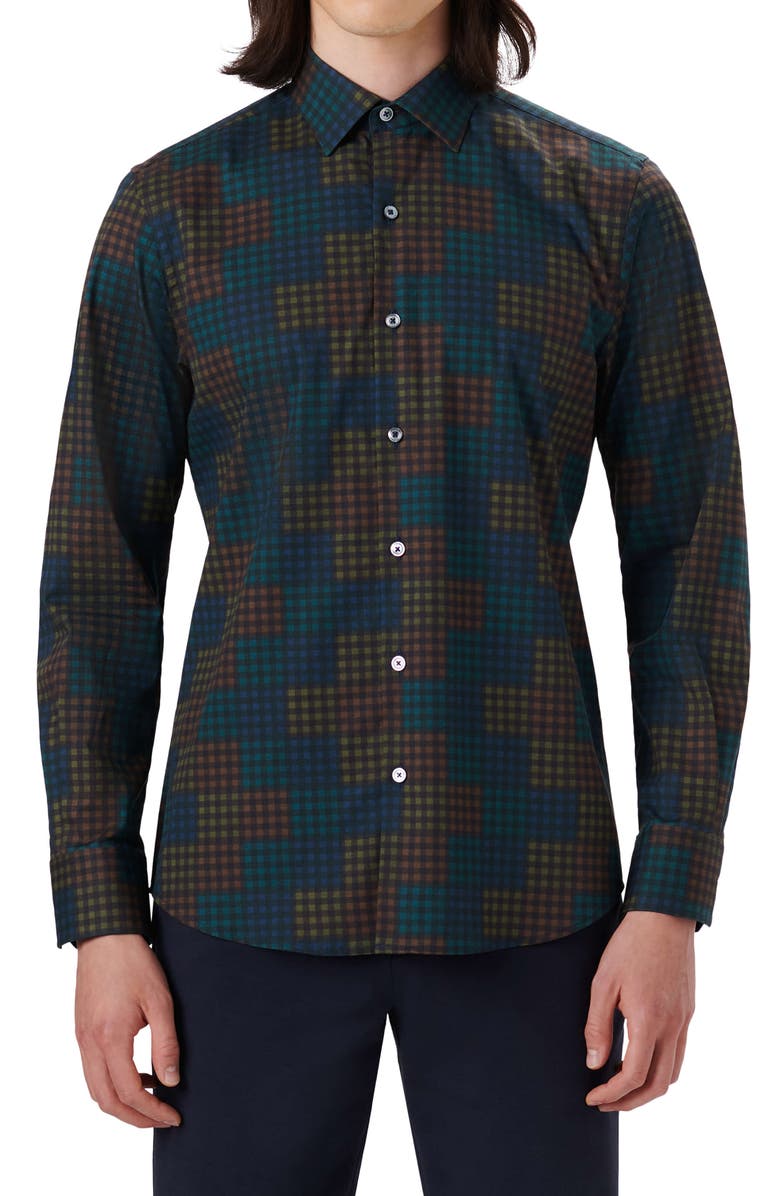 Bugatchi Shaped Fit Check Stretch Button-Up Shirt, Main, color, 