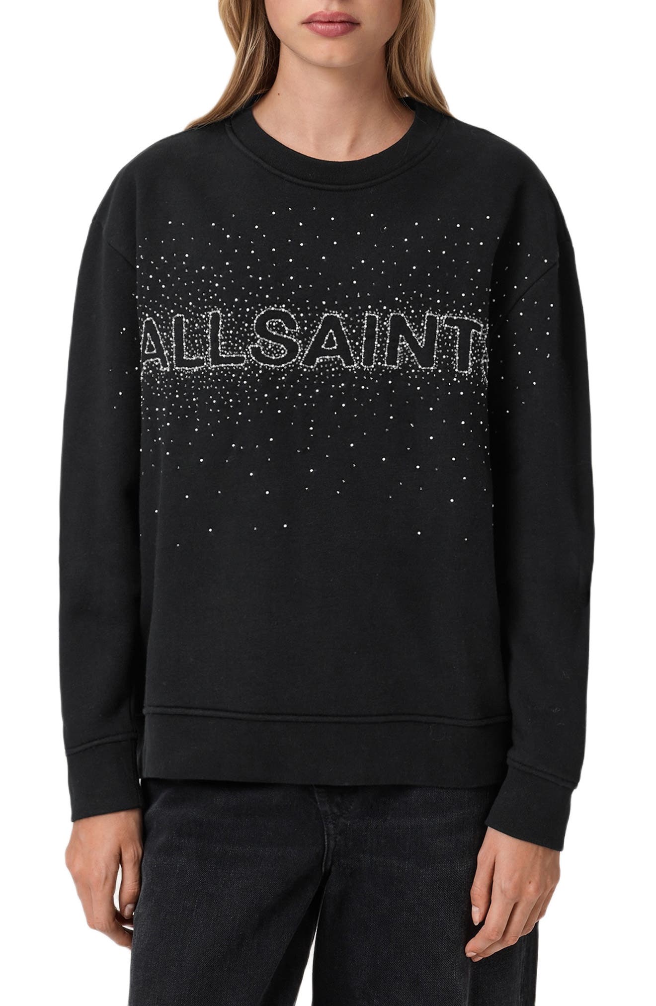 AllSaints Etta Crystal Embellished Fleece Sweatshirt