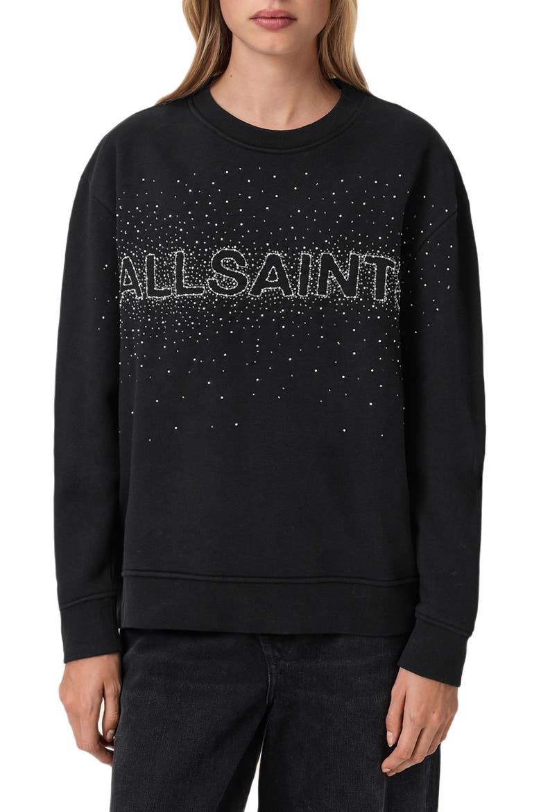Etta Crystal Embellished Fleece Sweatshirt, Main, color, BLACK