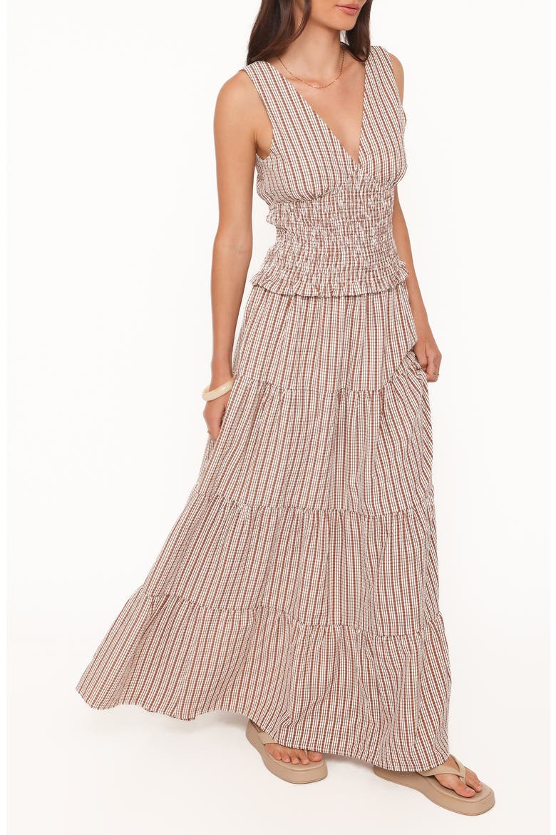 Eirlys Smocked Tank & Tiered Maxi Skirt Set, Alternate, color, BROWN WHITE