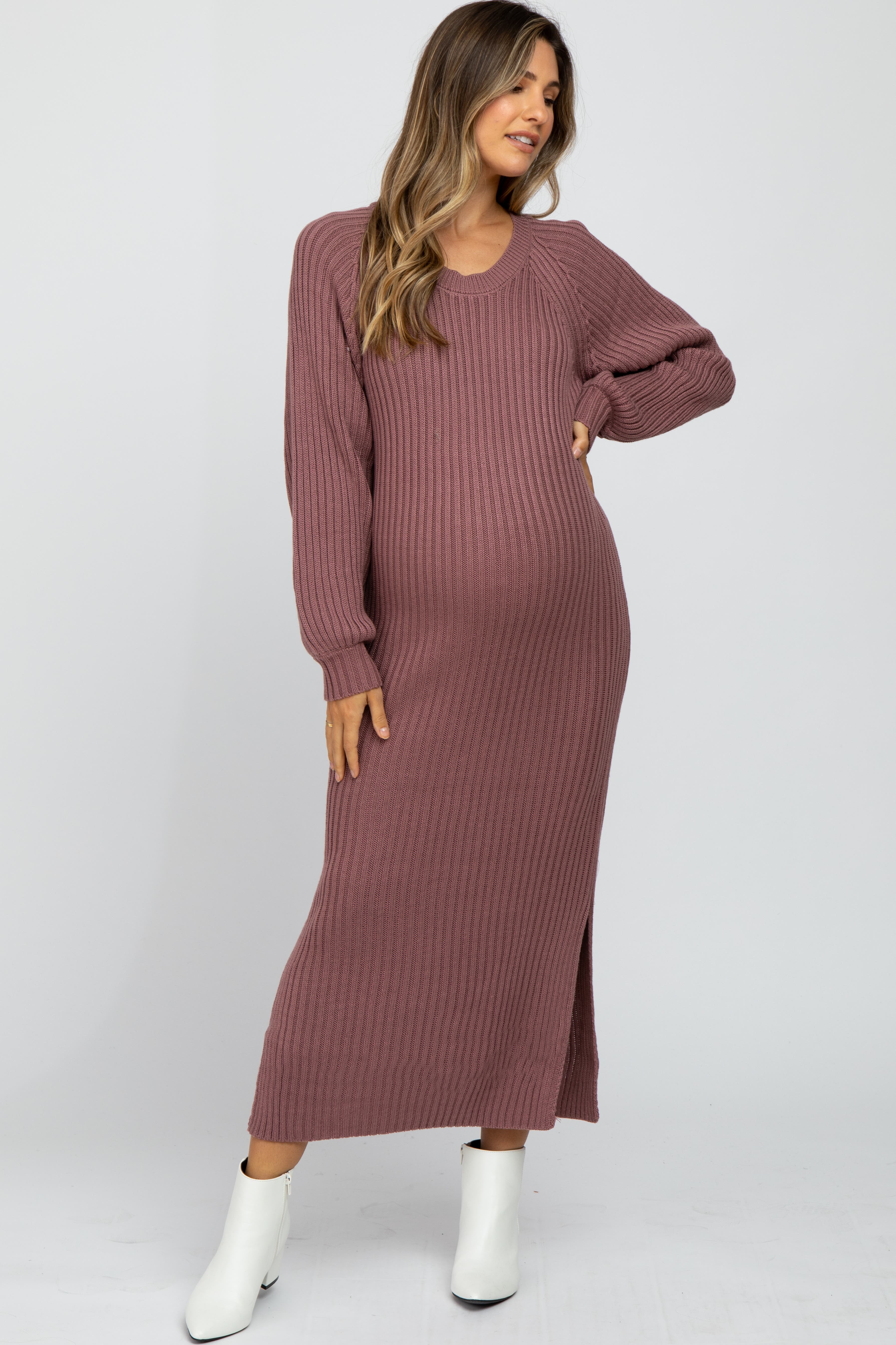 Pinkblush Side Slit Maxi Sweater Dress In Brown