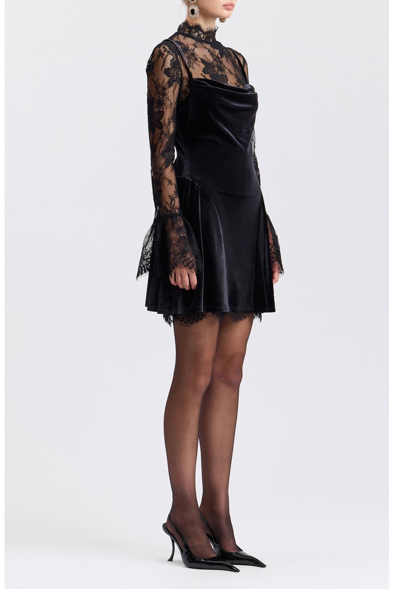 Twofer Long Sleeve Lace & Velvet Dress, Alternate, color, BLACK