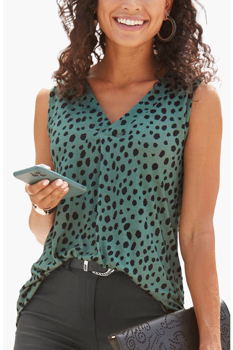 Printed V-Neck Tank Top, Main, color, Jade & Black