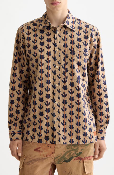 Leaf Print Cotton Seersucker Button-Up Shirt