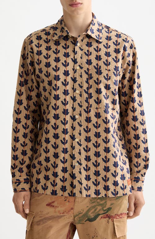 Scotch & Soda Leaf Print Cotton Seersucker Button-up Shirt In Brown