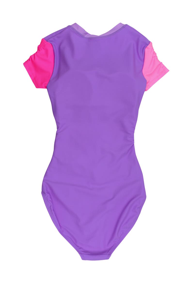UPF50+ Sun Protected Women's Quarter Zip Short Sleeve One Piece Rash Guard Swimsuit, Alternate, color, Neon Purple Color Block
