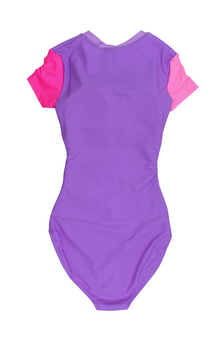 RuffleButts UPF50+ Sun Protected Women's Quarter Zip Short Sleeve One Piece Rash Guard Swimsuit, Alternate, color, Neon Purple Color Block