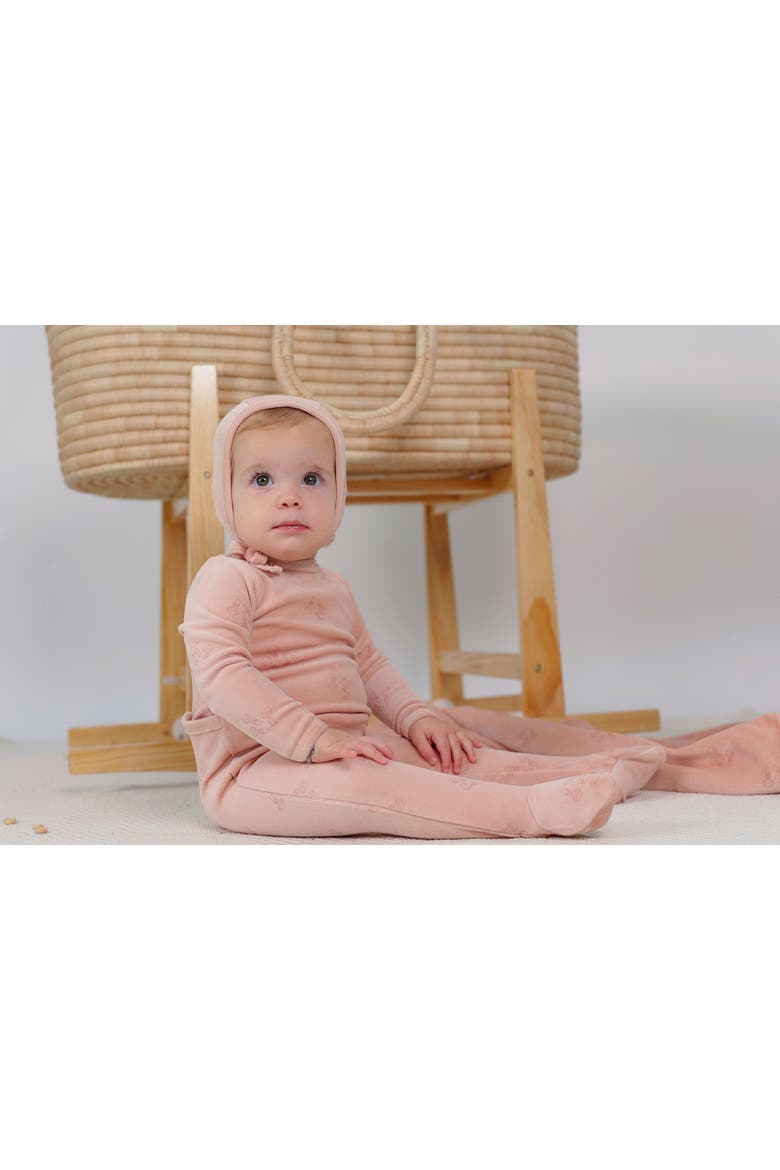 Boy Rattle Print Velour Romper with Bonnet, Alternate, color, Blue