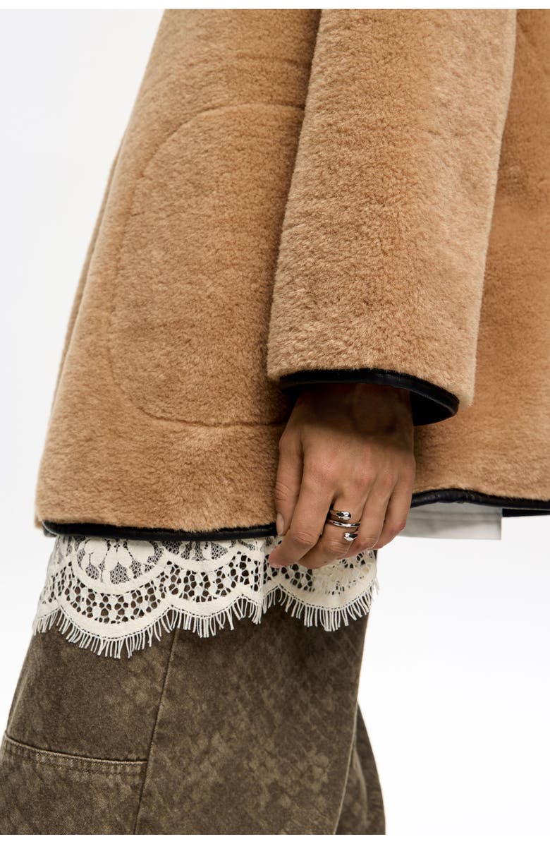 Bimba y Lola Reversible Fur Coat With Crew Neckline, Alternate, color, Camel