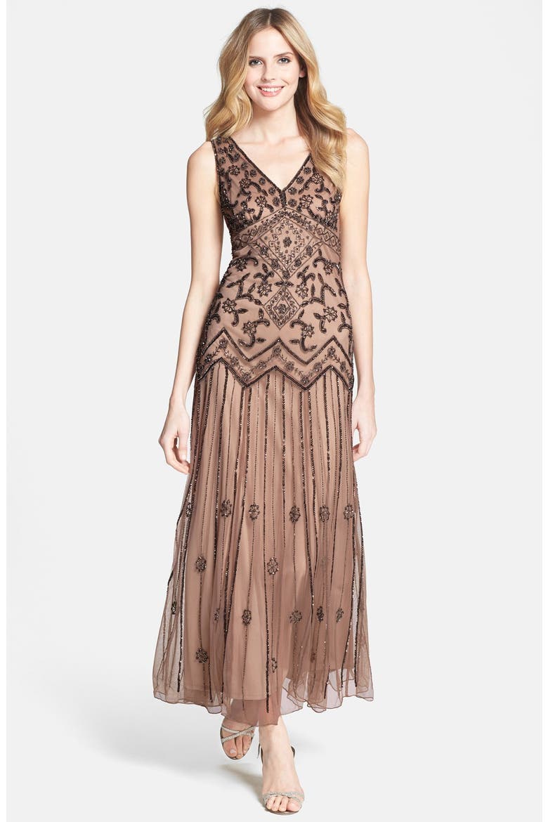 V-Neck Beaded Sequin Gown, Main, color, BUFF