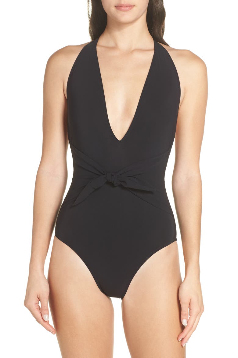 Tie Front Halter One-Piece Swimsuit, Main, color, BLACK