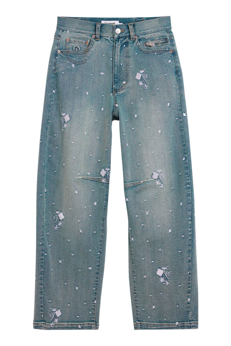 Floral Embroidery Barrel Leg Jeans, Alternate, color, MEDIUM BLUE