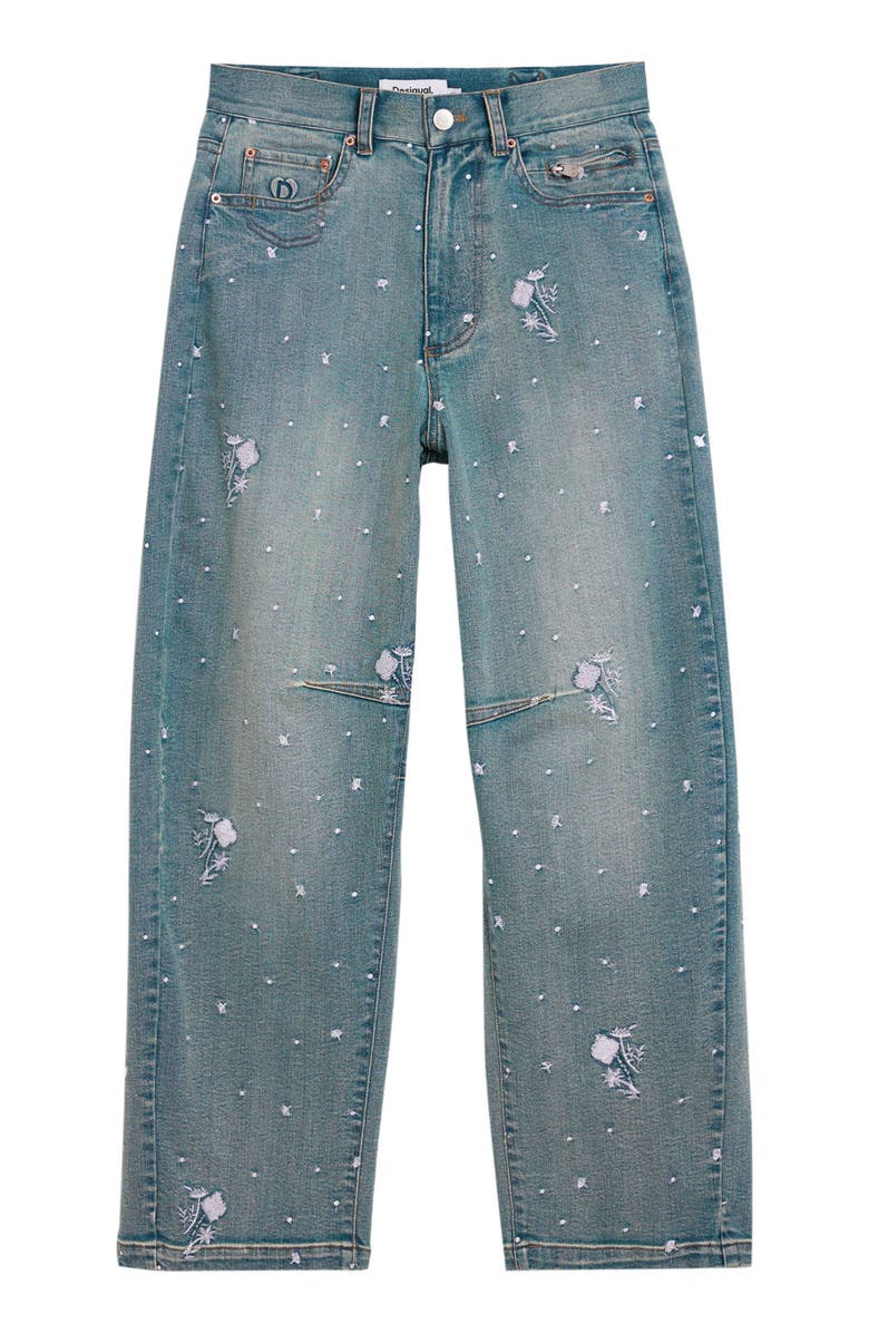 Desigual Floral Embroidery Barrel Leg Jeans, Alternate, color, Medium Blue