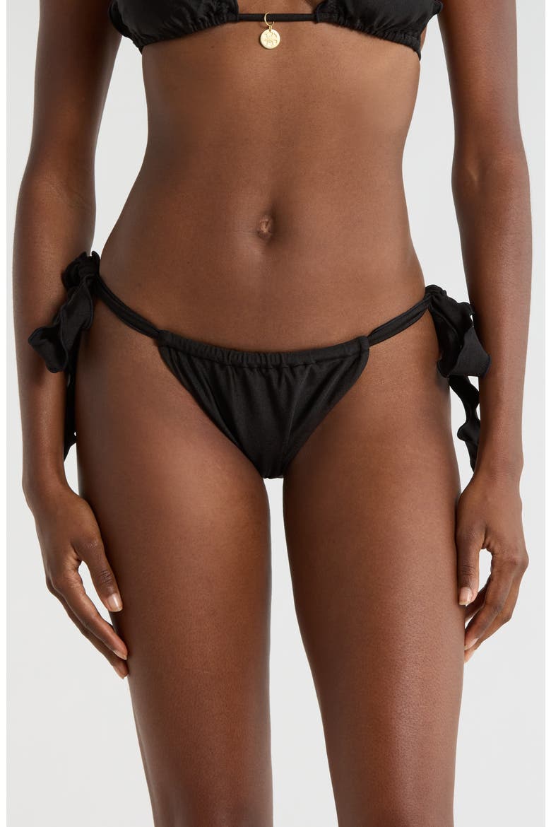 Lettuce Edge Ruched Tie Side Bikini Bottoms, Main, color, TWILIGHT BLACK