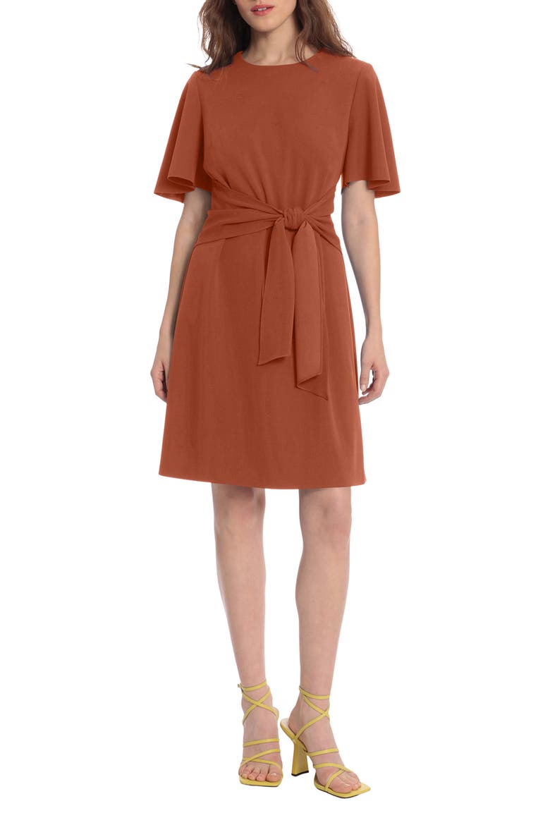 Flutter Sleeve Waist Tie Dress, Main, color, CEDAR