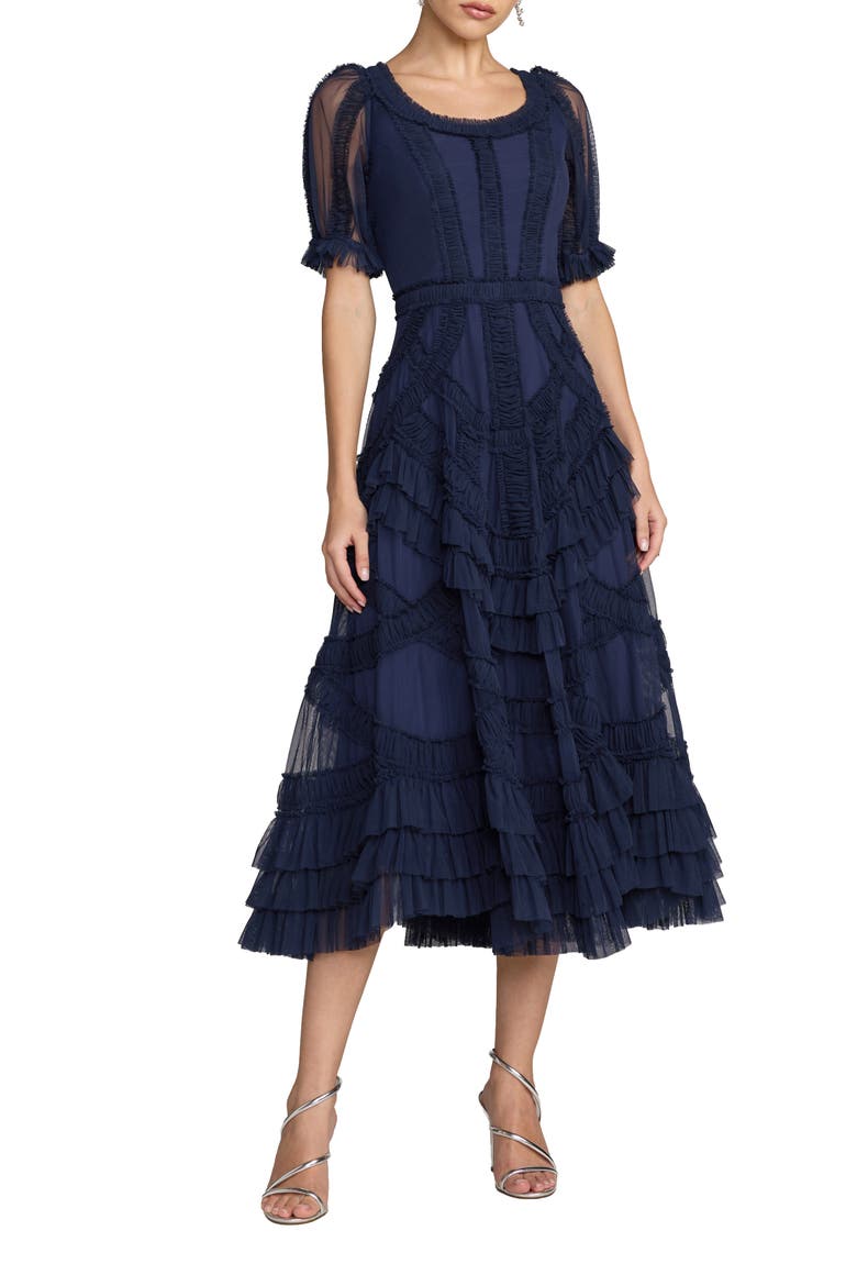 Petite Short Sleeve Mesh Micro Ruffle Midi Dress, Main, color, Indigo