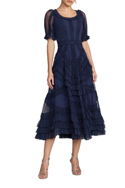 Petite Short Sleeve Mesh Micro Ruffle Midi Dress