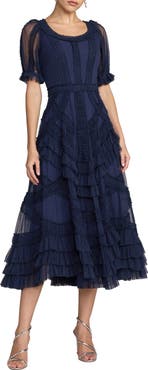 Mac Duggal Petite Short Sleeve Mesh Micro Ruffle Midi Dress