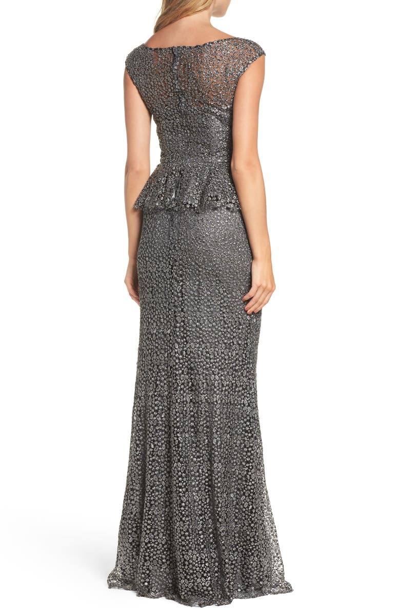 La Femme Embellished Lace Peplum Gown, Alternate, color, 